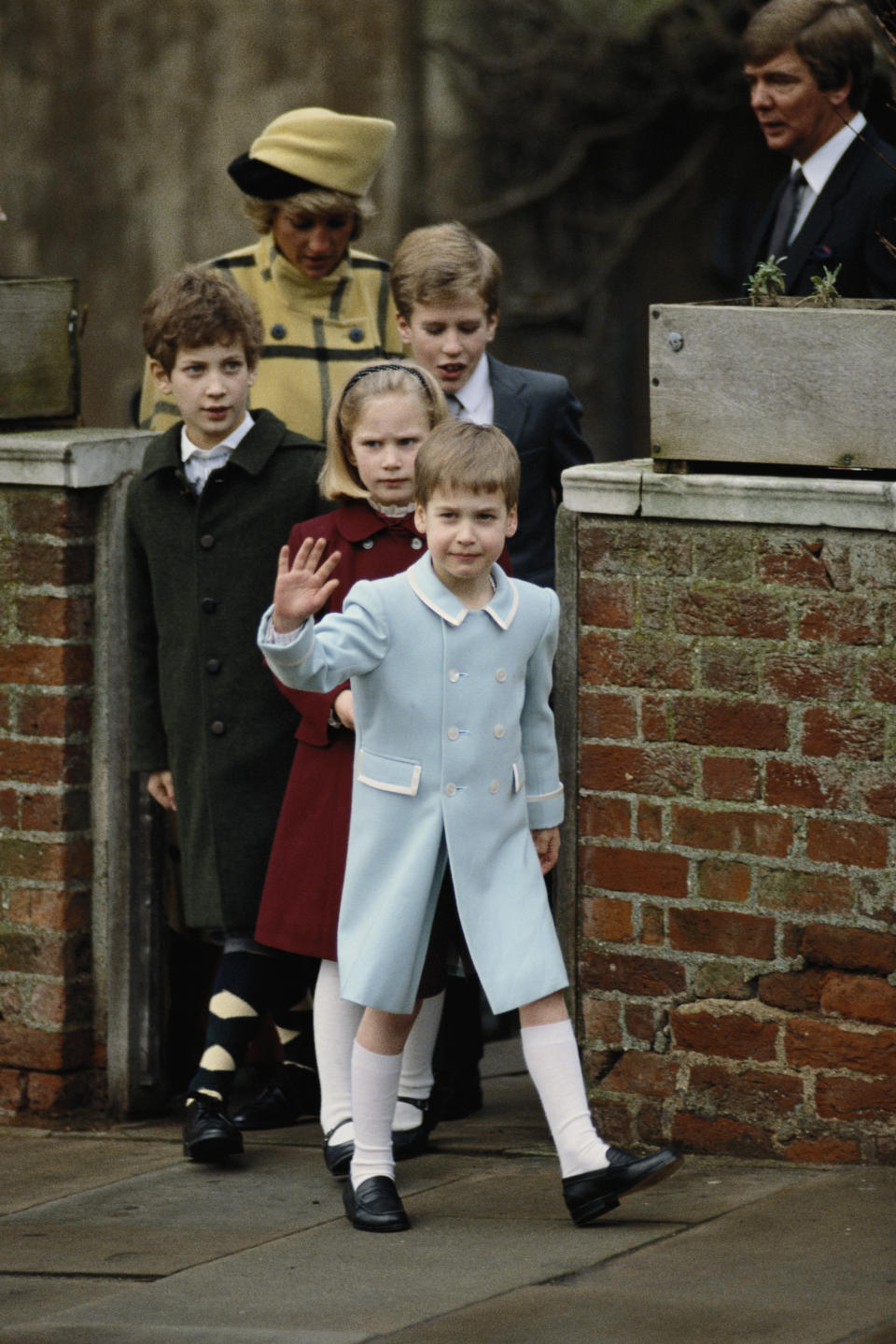 Prince William, Zara Phillips, Peter Phillips, Lord Frederick Windsor and Diana, Princess of Wales (1961 - 1997) leave St George's Chapel in Windsor, after the Christmas service, 25th December 1987.  (Photo by Tim Graham Photo Library via Getty Images)