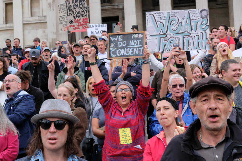 Unite for Freedom protesters in Trafalgar Square, demanding an end to lockdown, vaccines, masks and social distancing. (Getty)