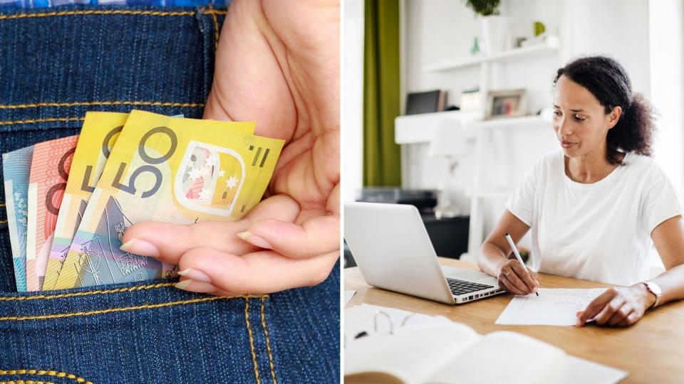 Australian cash in woman's back jean pocket, woman at computer desk. Images: Getty