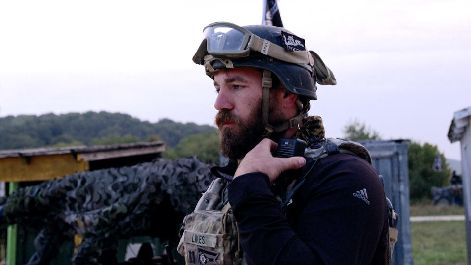 Image: Captain Matthew Likes, 29, from Ohio, belonging to the U.S. Army's 1-4 Infantry Regiment, based in Hohenfels, Germany, participates in a training exercise where his soldiers are pretending to be Russian-backed mercenaries (Edward Kiernan / NBC News)