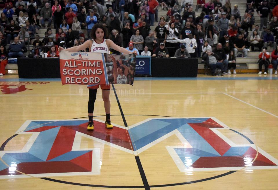 Monterey sophomore Aaliyah Chavez set the program’s all-time scoring record during the District 4-5A basketball game against Lubbock-Cooper, Friday, Jan. 20, 2023, at New Box at Monterey High School.