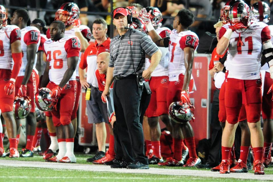 Then-WKU coach Jeff Brohm looks on from the sideline during the Hilltoppers' 14-12 win at Vanderbilt. Sept. 3, 2015