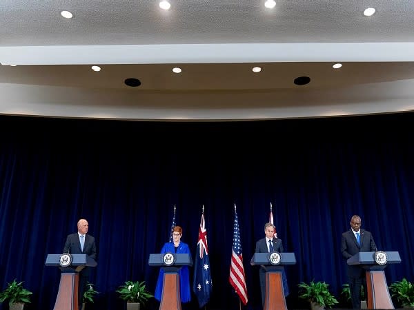 Defense and Foreign Ministers of both Australia and US attending a presser in Washington, U.S., September 16, 2021. (Photo Credit: Reuters)