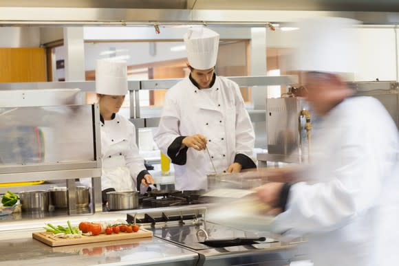 Inside a busy restaurant kitchen.