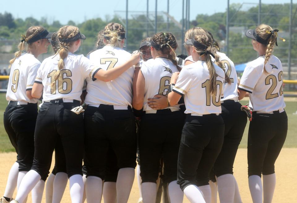 Corning celebrates a 6-4 win over Elmira in the Section 4 Class AA softball championship game May 27, 2023 at the Holding Point Recreation Complex in Horseheads.