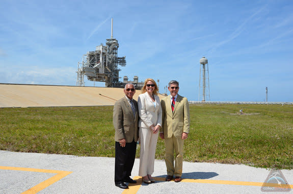 NASA Administrator Charles Bolden, SpaceX President Gwynne Shotwell, and Kennedy Space Center director Robert Cabana are seen together at Kennedy's Launch Pad 39A, which NASA leased to SpaceX for commercial use on April 14, 2014.