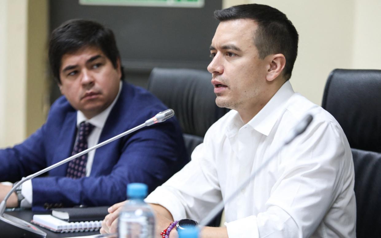 Daniel Noboa speaking during a press conference about security in Samborondon, Ecuador on December 15, 2023