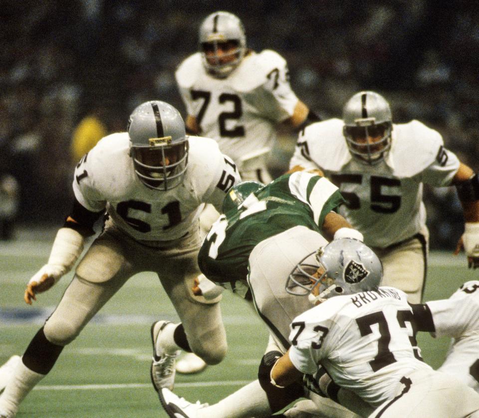 Jan 25, 1981; New Orleans, LA, USA; FILE PHOTO; Oakland Raiders tackle Lindsey Mason (73), linebacker Bob Nelson (51), linebacker Matt Millen (55), and defensive end John Matuszak (72) in action against <a class="link " href="https://sports.yahoo.com/nfl/teams/philadelphia/" data-i13n="sec:content-canvas;subsec:anchor_text;elm:context_link" data-ylk="slk:Philadelphia Eagles;sec:content-canvas;subsec:anchor_text;elm:context_link;itc:0">Philadelphia Eagles</a> running back Wilbert Montgomery (31) during Super Bowl XV at the Superdome. The Raiders defeated the Eagles 27-10. Mandatory Credit: Manny Rubio-USA TODAY Sports
