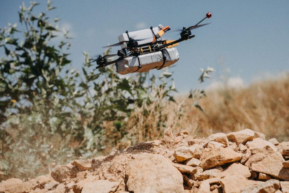 A view of a drone during the testing of new military equipment, including FPV drones, by soldiers from the 24th Separate Mechanized Brigade on the training area amid Russia-Ukraine war in Donetsk Oblast, Ukraine on August 03, 2023.