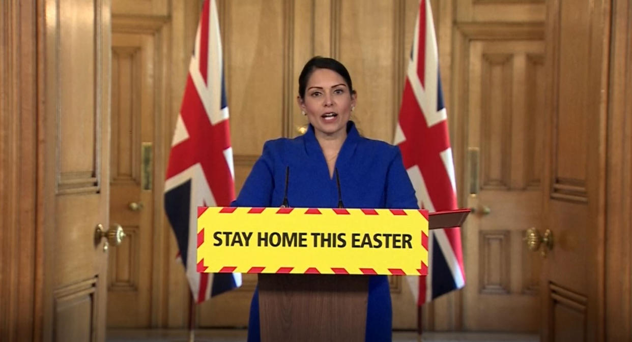 Screen grab of Home Secretary Priti Patel during a media briefing in Downing Street, London, on coronavirus (COVID-19).