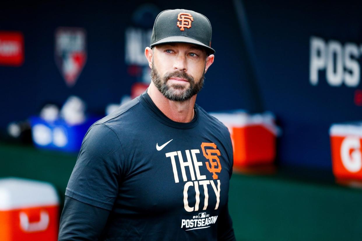 SAN FRANCISCO, CA - OCTOBER 08: Gabe Kapler #19 of the San Francisco Giants looks on during Game 1 of the NLDS between the Los Angeles Dodgers and the San Francisco Giants at Oracle Park on Friday, October 8, 2021 in San Francisco, California. (Photo by Lachlan Cunningham/MLB Photos via Getty Images)