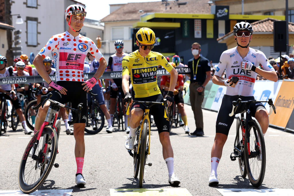  Tour de France jersey holders Neilson Powless, Jonas Vingegaard and Tadej Pogacar on the line 