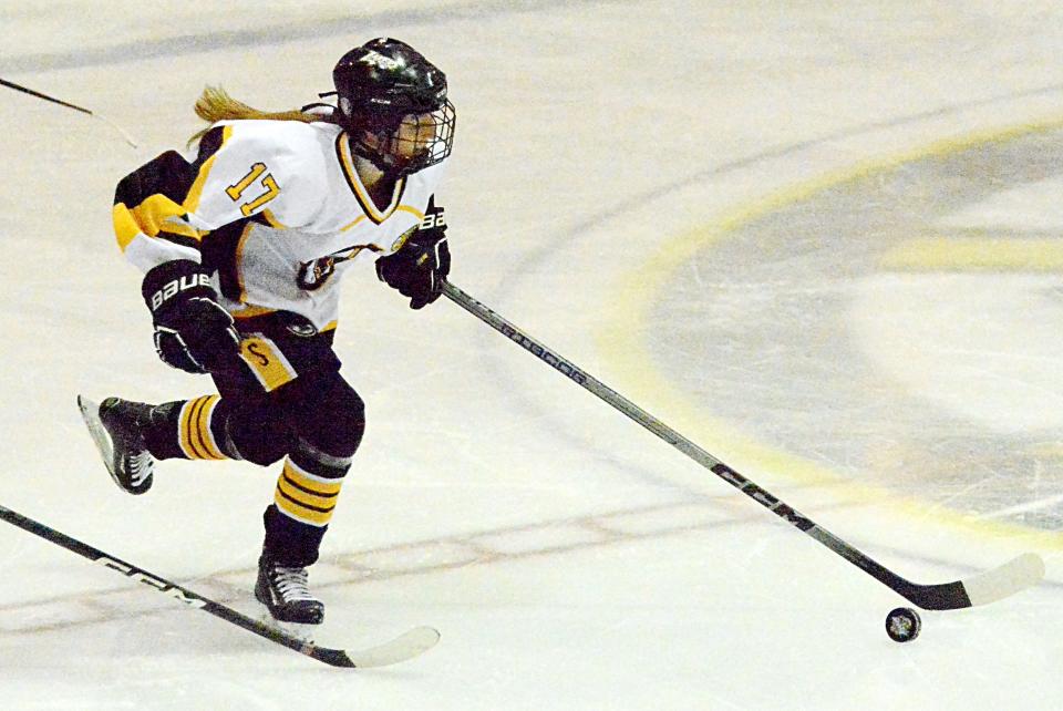 Kaelyn Melville of the Watertown Lakers goes on the attack during a South Dakota Amateur Hockey Association game on Saturday, Feb. 11, 2023 in the Maas Ice Arena.