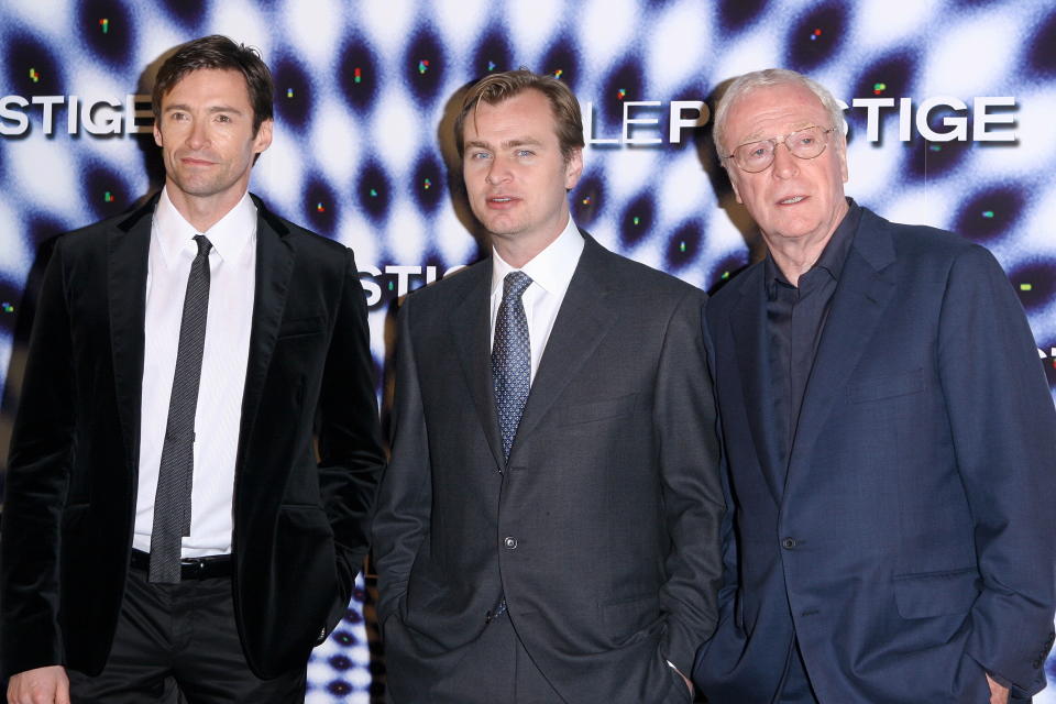 FRANCE - NOVEMBER 08:  Hugh Jackman Christopher Nolan and Michael Caine in Paris, France on November 08, 2006.  (Photo by Frederic SOULOY/Gamma-Rapho via Getty Images)