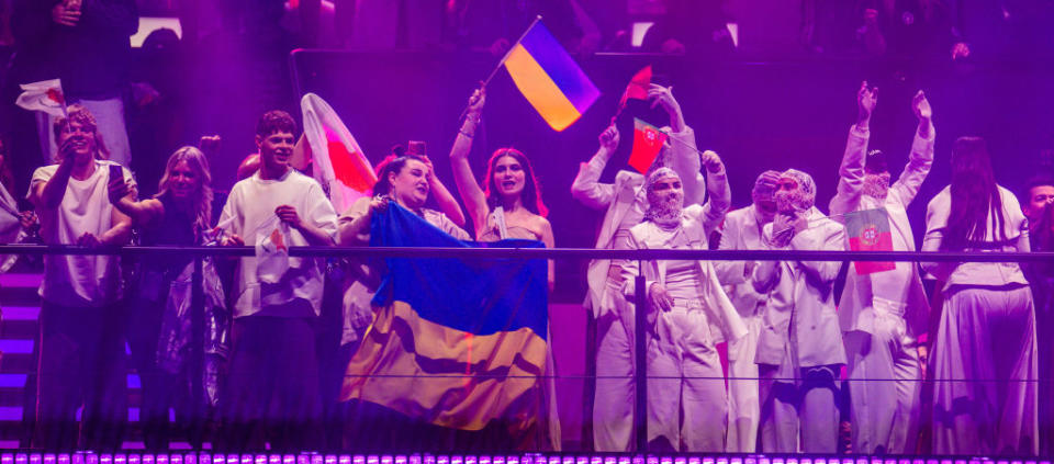 07 May 2024, Sweden, Malmö: Alyona Alyona & Jerry Heil (l) from Ukraine and Iolanda (r) from Portugal celebrate reaching the final after the first semi-final of the Eurovision Song Contest (ESC) 2024 in the Malmö Arena. The world's biggest singing competition begins with the first semi-final under the motto "United By Music". Photo: Jens Büttner/dpa (Photo by Jens Büttner/picture alliance via Getty Images)