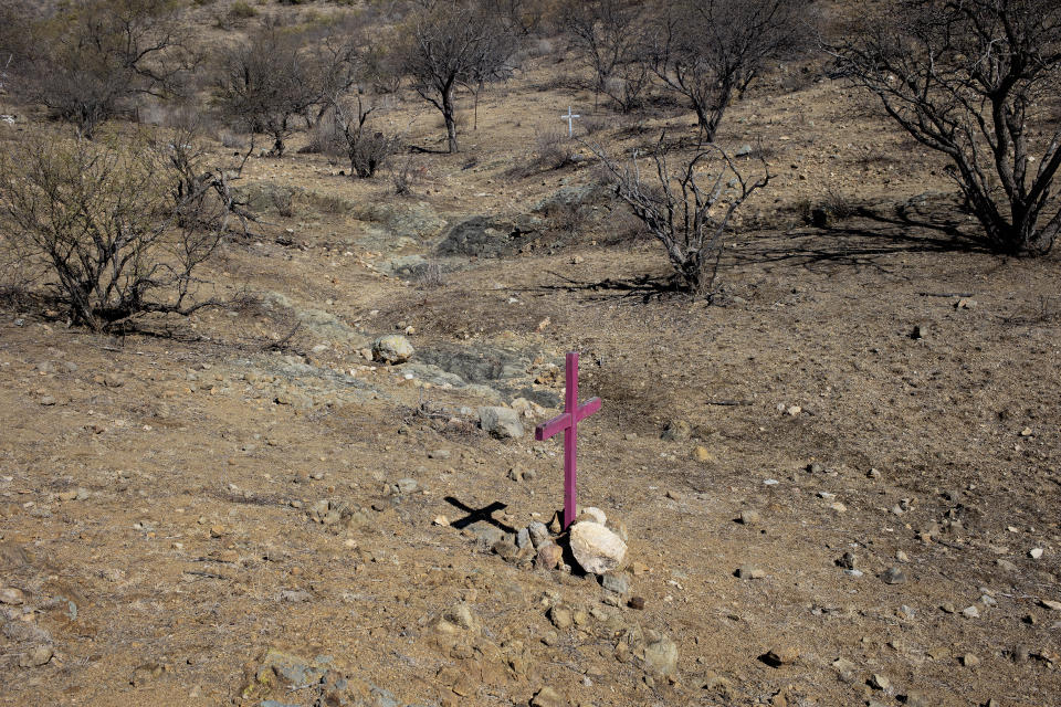 Crosses left by border activists mark the locations where the remains of migrants who died trying to cross into the United States through the harsh conditions of the Sonoran Desert were discovered, January 28, 2021 in the Altar Valley, Arizona. (Andrew Lichtenstein/Corbis via Getty Images)