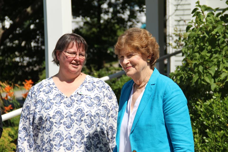 Lovering Center Executive Director Sandi Denoncour and Sen. Jeanne Shaheen, D-New Hampshire, are seen outside the center in Greenland Friday, July 15, 2022.