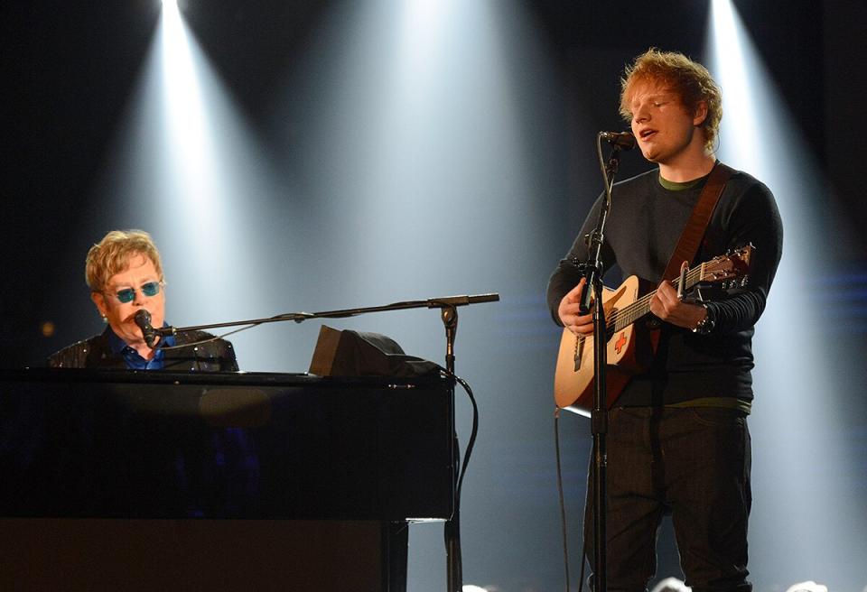 Elton John and Ed Sheeran perform onstage during the 55th Annual GRAMMY Awards at STAPLES Center