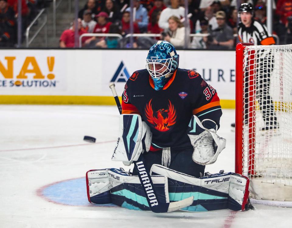 Coachella Valley goaltender Joey Daccord (35) makes a stop during the third period of Game 7 of the Calder Cup Finals at Acrisure Arena in Palm Desert, Calif., Wednesday, June 21, 2023. 