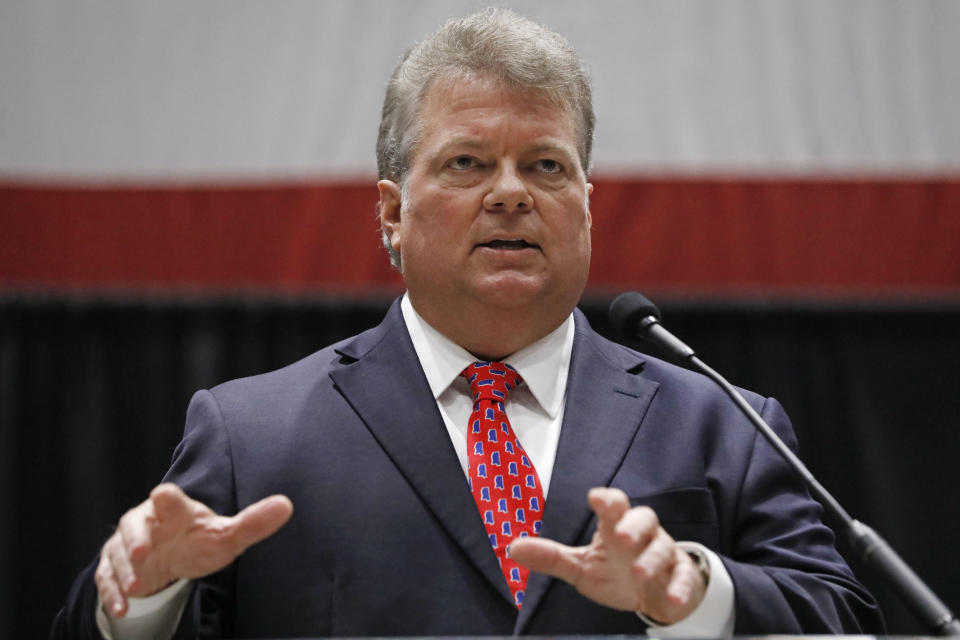 Democratic nominee for governor, Attorney General Jim Hood, addresses business leaders at the Mississippi Economic Council's annual "Hobnob Mississippi," in Jackson, Miss., Thursday, Oct. 31, 2019. The social event is hosted by the state chamber of commerce and is one of the last big political gatherings before the Nov. 5 elections. (AP Photo/Rogelio V. Solis)