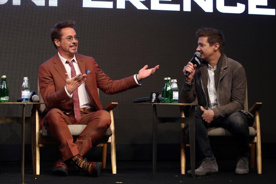 robert downey jr and jeremy renner attend an interview about avengers endgame