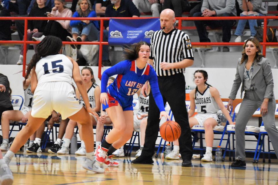 Eminence's Danica Myers looks for an open lane during the Eels' sectional championship matchup with Greenwood Christian on Feb. 4, 2023.