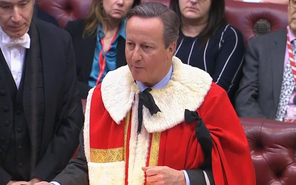 Lord Cameron of Chipping Norton takes his seat in the House of Lords this afternoon