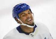 Toronto Maple Leafs forward Ryan Reaves laughs during NHL hockey training camp in Toronto, Thursday, Sept. 21, 2023. (Nathan Denette/The Canadian Press via AP)
