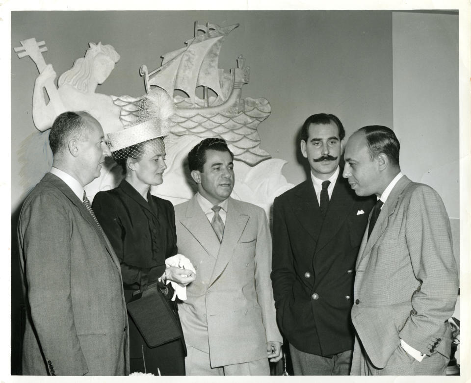 Christian Dior, Irene Gibbons, Salvatore Ferragamo, George Mitchison, and Stanley Marcus at the Neiman Marcus Fashion Award Ceremony in 1947.