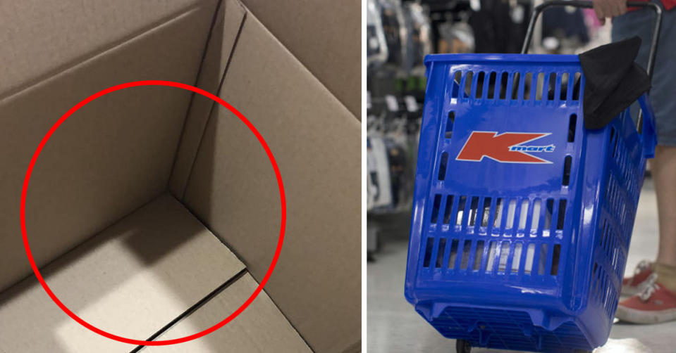 L: Kmart box which is empty. R: Kmart blue trolley being pulled through a store