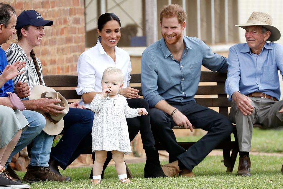 Just two days after announcing they were expecting, Meghan and Harry were spotted smiling from ear to ear as they watched a baby play during their visit to a local farming family in Dubbo, Australia, back in October.