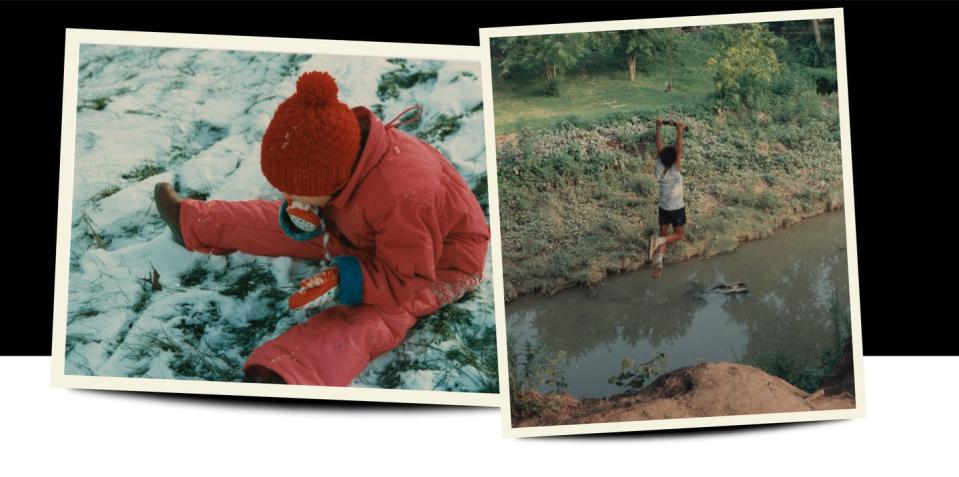 a child playing in snow and another child on a rope swing over a creek