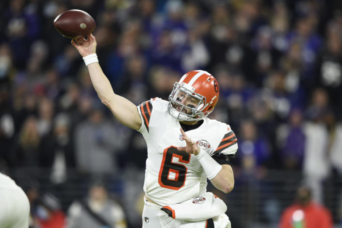 Cleveland Browns quarterback Baker Mayfield throws a pass against the Baltimore Ravens during the first half of an NFL football game, Sunday, Nov. 28, 2021, in Baltimore. (AP Photo/Gail Burton)