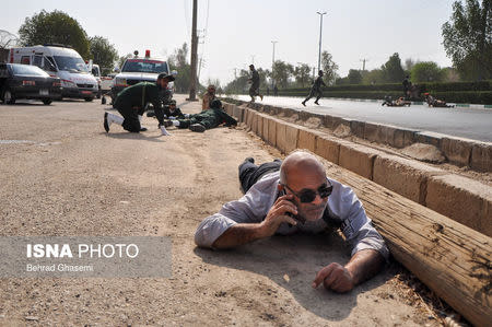 A general view shows an attack on a military parade in Ahvaz, Iran, in this September 22, 2018 photo by ISNA. ISNA/Iranian Students' News Agency/Social Media/via REUTERS