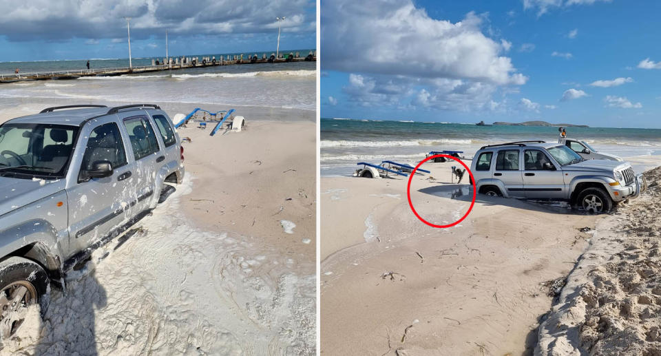 Silver Jeep and white ute bogged on Lancelin Beach in WA during high tide with large swells. 