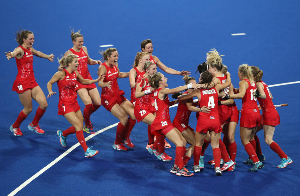 Team GB’s ladies team celebrate their gold medal at the Rio Olympics