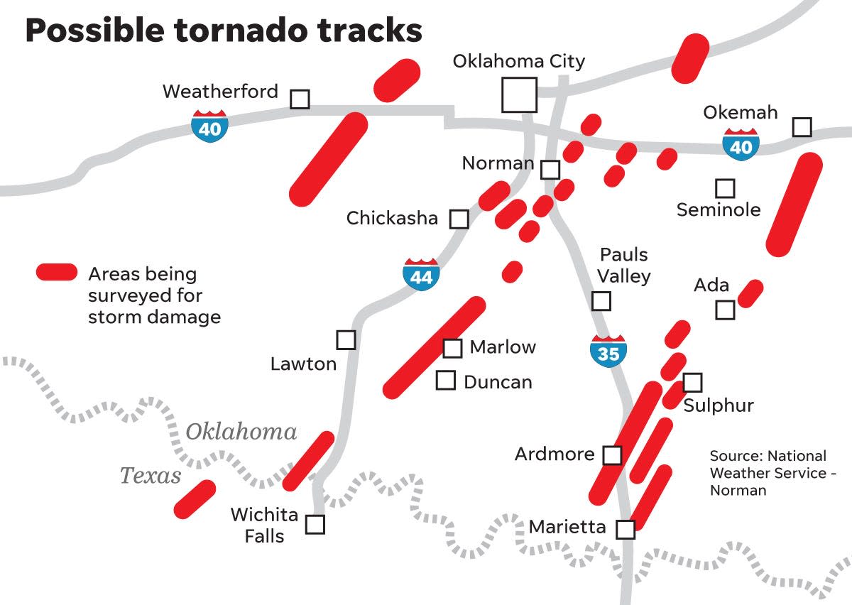 This map shows where National Weather Service investigators are surveying storm damage after severe weather April 27, 2024. More than 30 possible storm tracks were observed and these surveys will help meteorologists confirm whether a tornado was present, and if so, how strong it was.