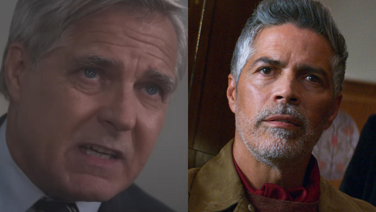  Henry Czerny pictured in a smoky room and Esai Morales looking stunned in a train car in Mission: Impossible - Dead Reckoning Part One, shown side by side. 