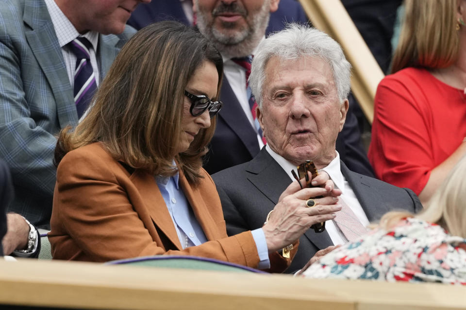 Dustin Hoffman and his wife Lisa in the royal box on centre Court at the Wimbledon tennis championships in London, Friday, July 5, 2024. (AP Photo/Alberto Pezzali)