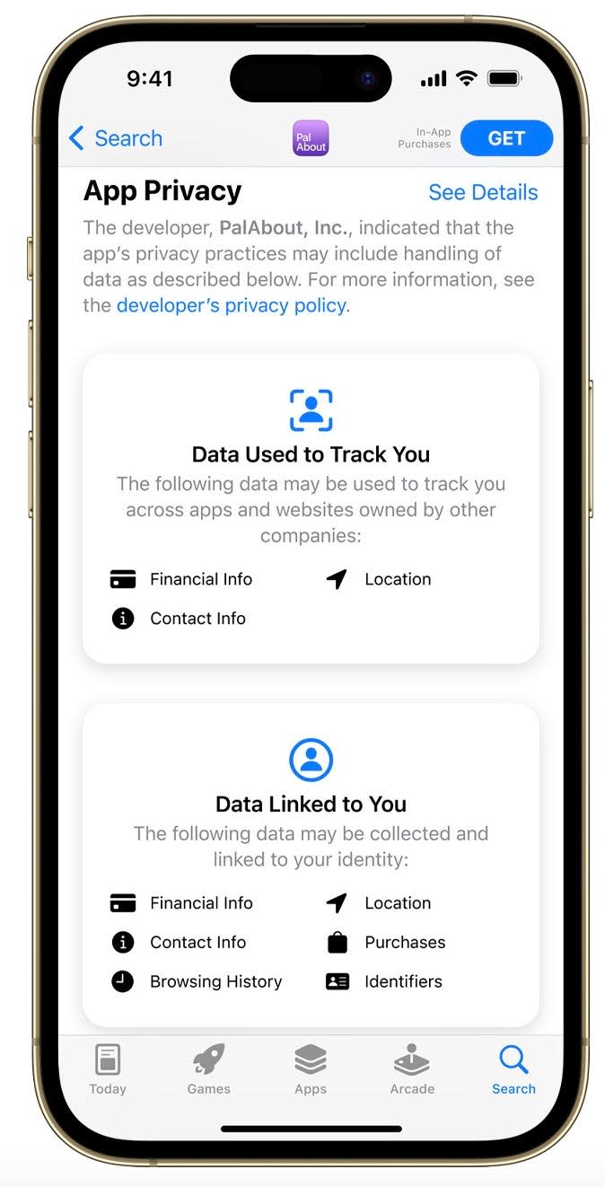 Apple App Privacy screen grab.