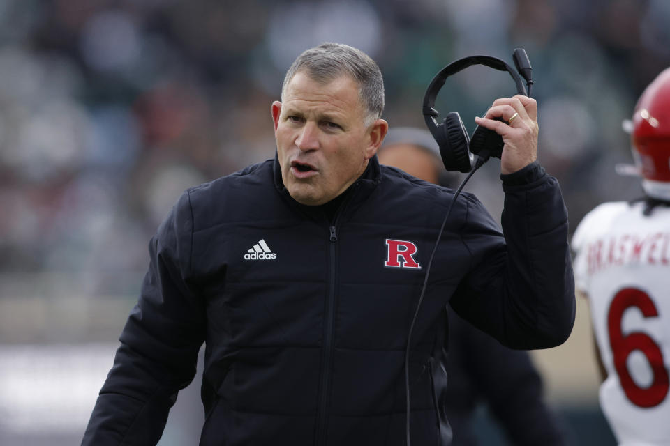 Rutgers coach Greg Schiano walks the sideline during the first half of an NCAA college football game against Michigan State, Saturday, Nov. 12, 2022, in East Lansing, Mich. Michigan State won 27-21. (AP Photo/Al Goldis)