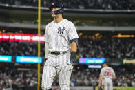 New York Yankees' Aaron Judge reacts after hitting a fly out during the ninth inning of a baseball game against the Boston Red Sox Thursday, Sept. 22, 2022, in New York. (AP Photo/Frank Franklin II)