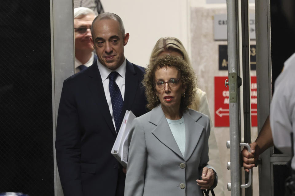 Former President Donald Trump attorneys Emil Bove and Susan Necheles return to the courtroom after a break in Trump's trial Tuesday, May 21, 2024, in Manhattan Criminal Court in New York. (Michael M. Santiago/Pool Photo via AP)