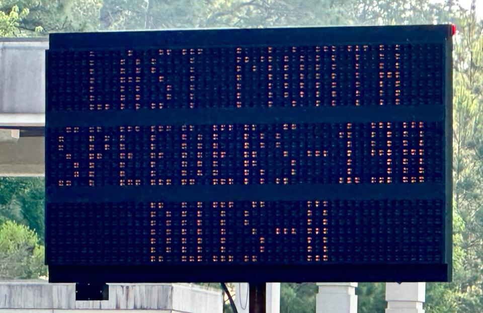 Electronic marquees have been placed near each gate at Fort Gordon, displaying the number of speeding incidents and DUI arrests. One of the marquees, photographed on May 9, displays the combined number of DUIs in April and May 2023.