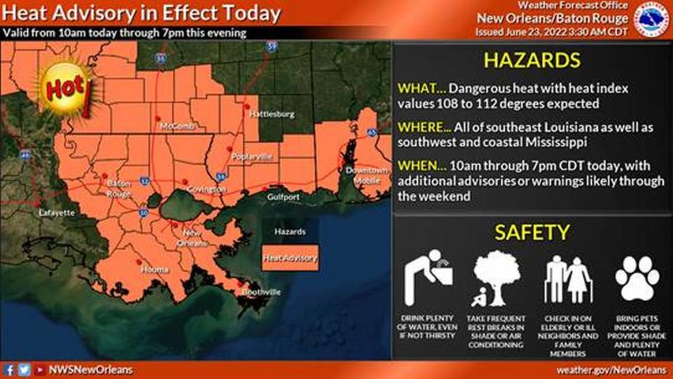 An excessive heat warning is issued for Friday, June 24, 2022, across South Mississippi.