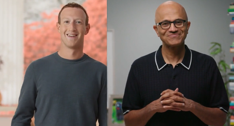 Meta CEO Mark Zuckerberg and Microsoft CEO Satya Nadella on the Meta Connect video stream Tuesday.