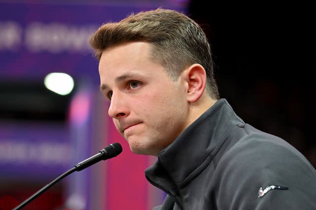 <p>Candice Ward/Getty</p> Brock Purdy of the San Francisco 49ers speaks to the media during Super Bowl LVIII Opening Night at Allegiant Stadium on February 05, 2024 in Las Vegas, Nevada.