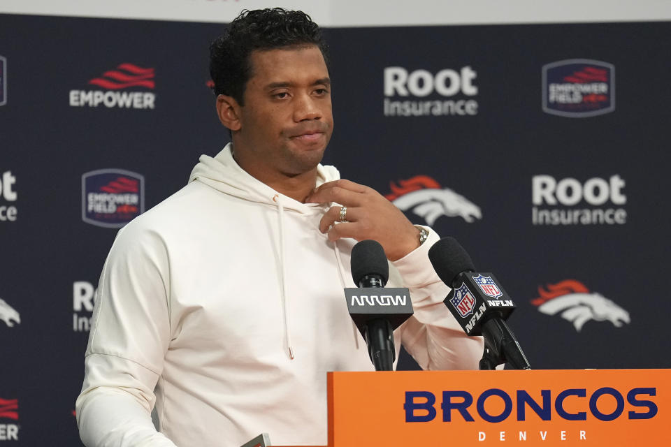 Denver Broncos quarterback Russell Wilson speaks at a news conference after an NFL football game against the Las Vegas Raiders in Denver, Sunday, Nov. 20, 2022. (AP Photo/Jack Dempsey)