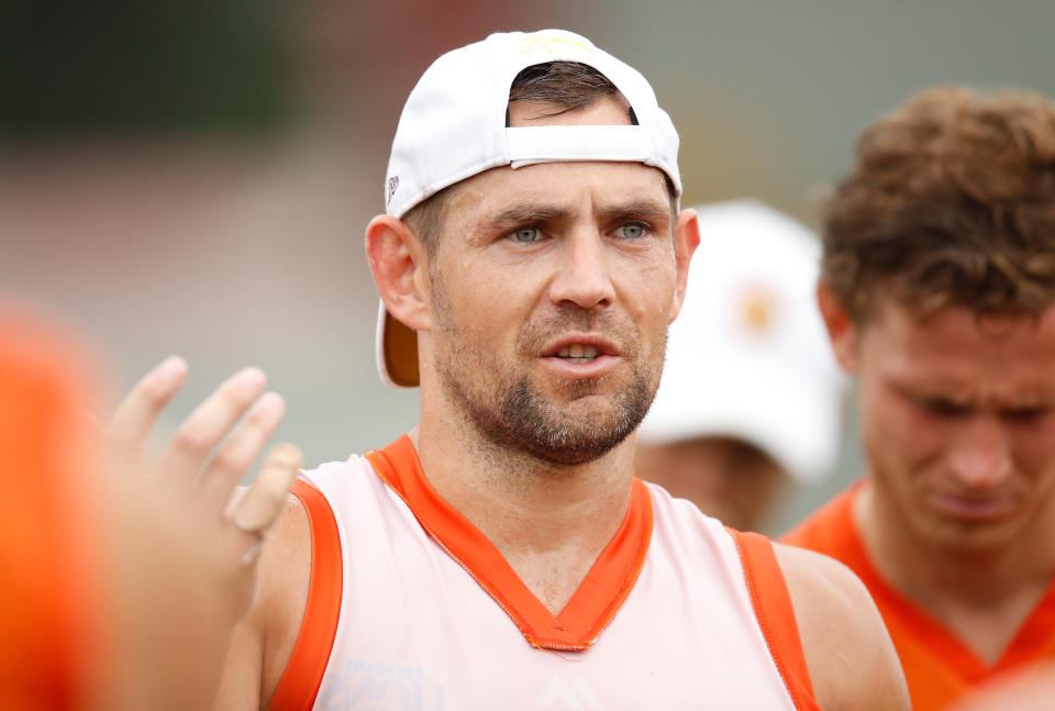 LAUNCESTON, AUSTRALIA - DECEMBER 19: Luke Hodge of the Lions speaks with players during the Brisbane Lions AFL pre-season training session at University of Tasmania Stadium on December 19, 2017 in Launceston, Australia. (Photo by Michael Willson/AFL Media/Getty Images)