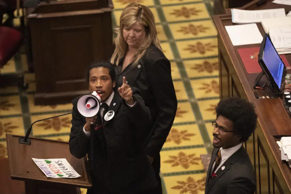 Tennessee State Rep. Justin Jones calls on his colleagues to pass gun control legislation from the well of the House Chambers during the legislative session at the State Capitol Thursday, March 30, 2023, in Nashville, Tenn. (George Walker IV/The Tennessean via AP, File)